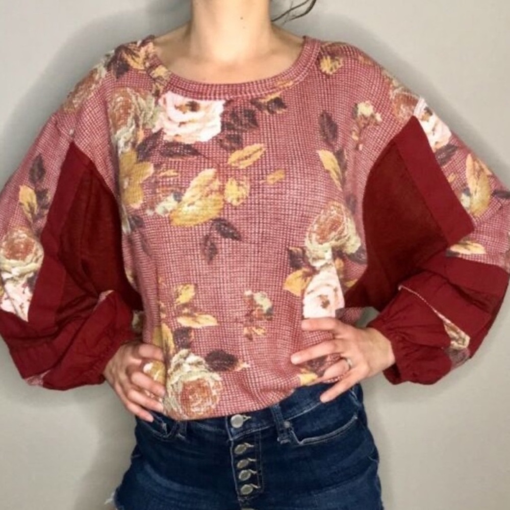 Free People Flower Patch Top Moroccan Spice Red Balloon Sleeve Boho